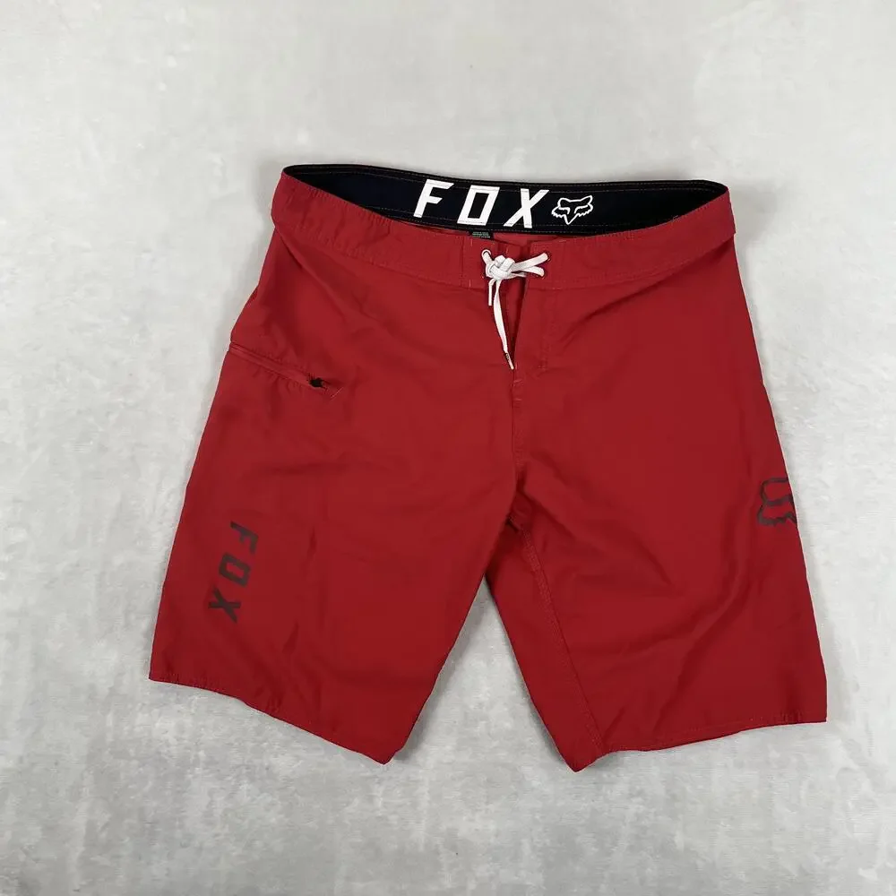 Fox Racing Board Shorts Mens 34 Red Solid Drawstring Zip Pocket Surf Swim